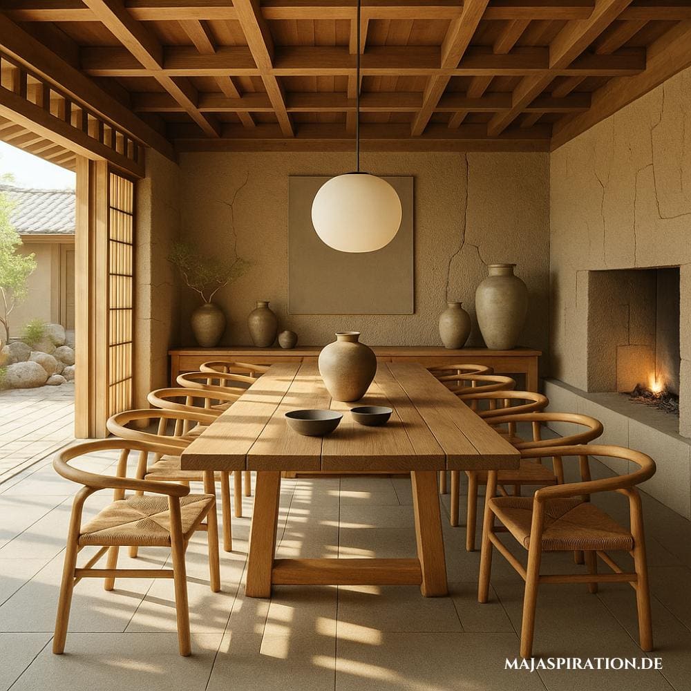 Japandi Esszimmer Einrichtungsidee mit Steinwand, massivem Holztisch und Steinkrügen