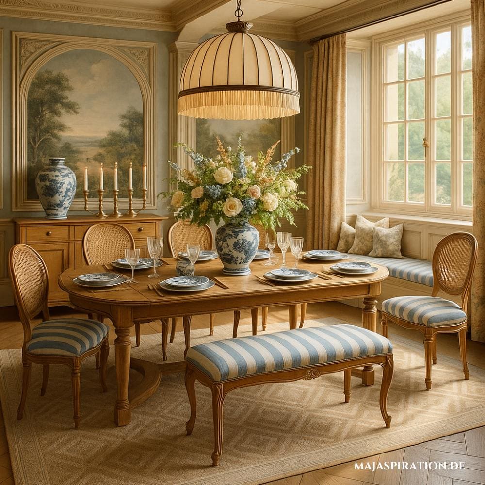 Französisches Esszimmer mit Landschaftstapete und französischen Barockstühlen