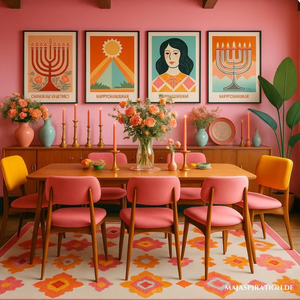 Retro Esszimmer mit rosa Wand und Stühlen, dazu bunte Wandbilder und ein gemusterter Teppich