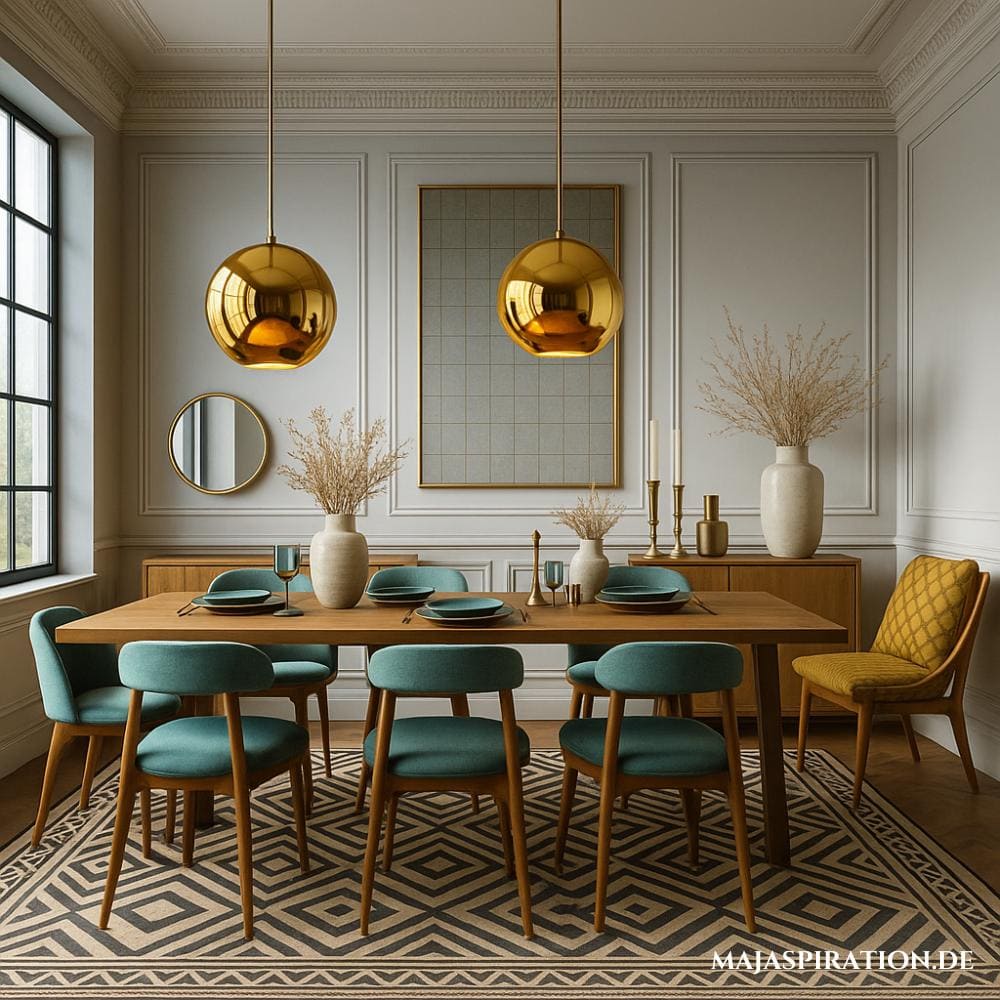 Retro Esszimmer Einrichtungsidee mit goldenen Pendelleuchten und blauen Stühlen auf einem geometrischen Teppich