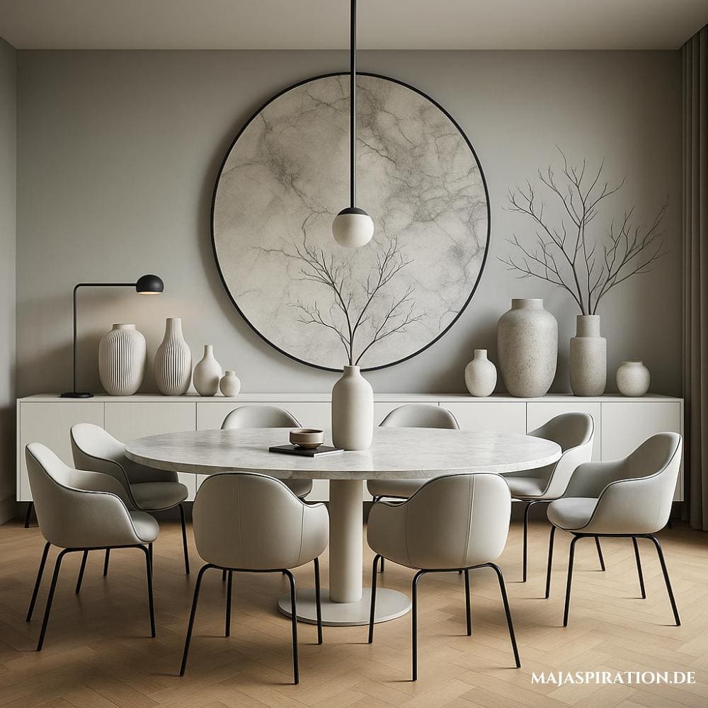 Minimalistisches Esszimmer in Weiß mit großem Wandbild und skandinavischer Decor