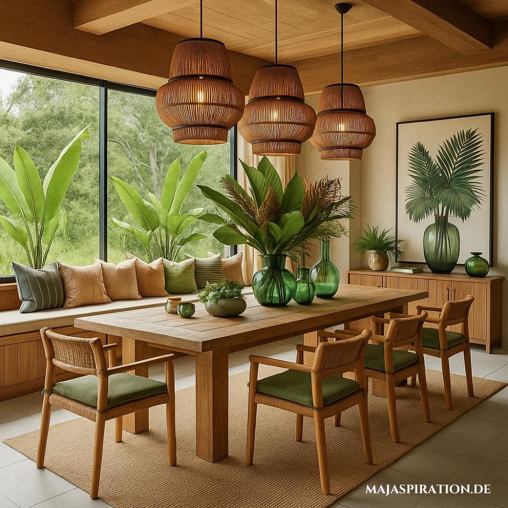 Esszimmer Einrichtungsidee mit viel Holz und Pflanzengrün und drei Bambusleuchten