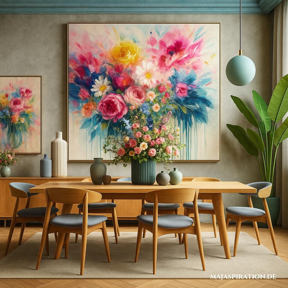 Bunte Esszimmer Einrichtungsidee mit farbenfrohem Wandbild und Holzstühlen