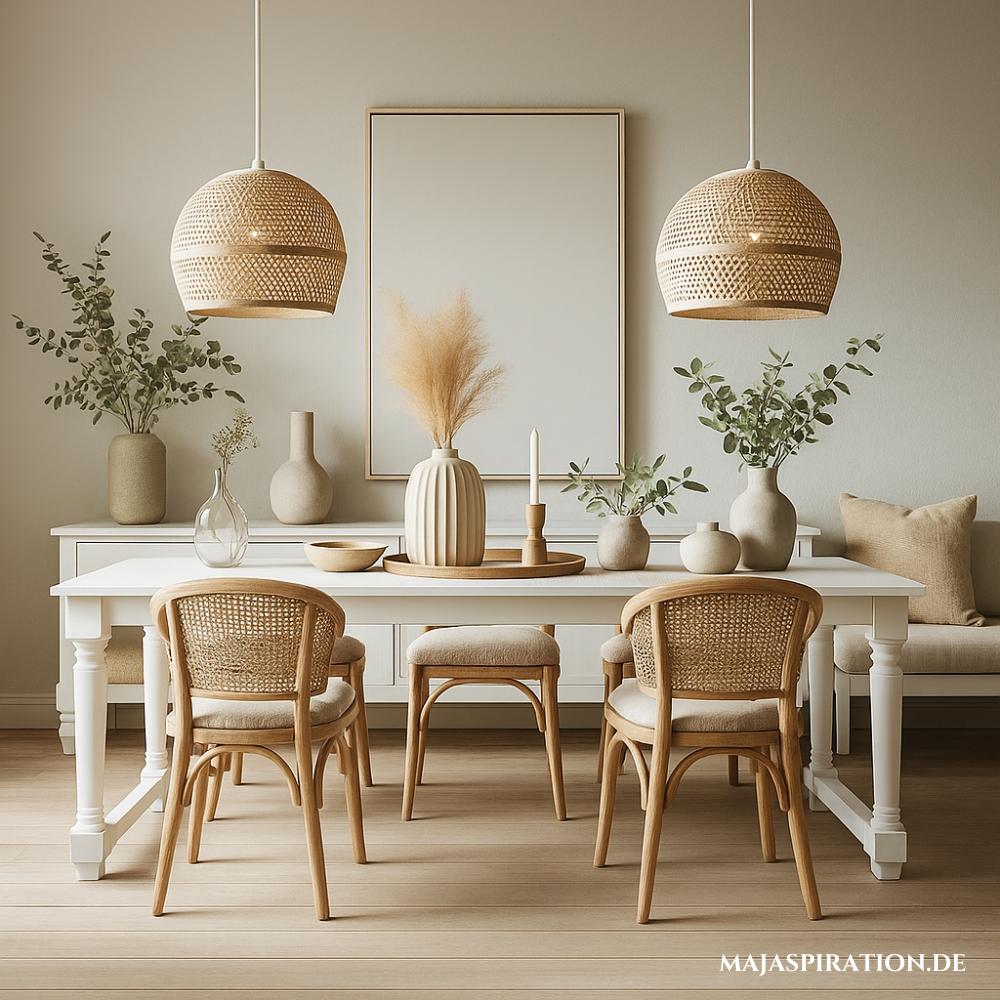 Stilvolle Esszimmer Einrichtungsidee mit weißem Holztisch und gelungener Tischdekoration