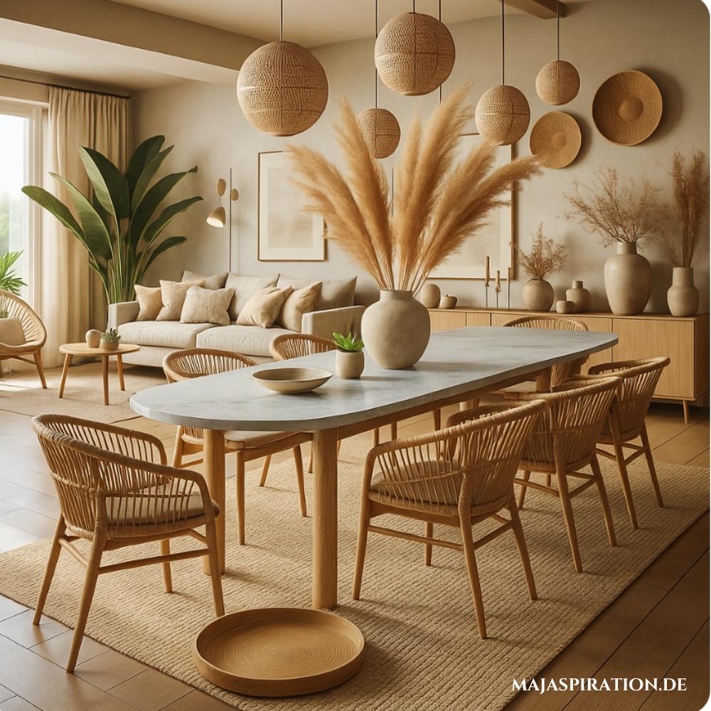 Boho Esszimmer mit Bambusleuchten, Rattanstühlen und Jute Teppich