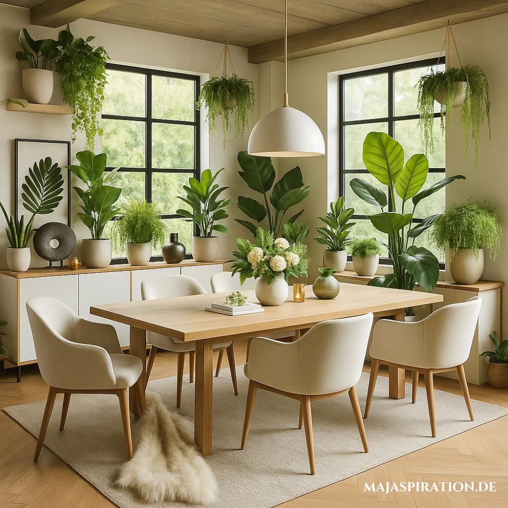Esszimmer Einrichtungsidee mit vielen Pflanzen, weißen Stühlen und Fellen