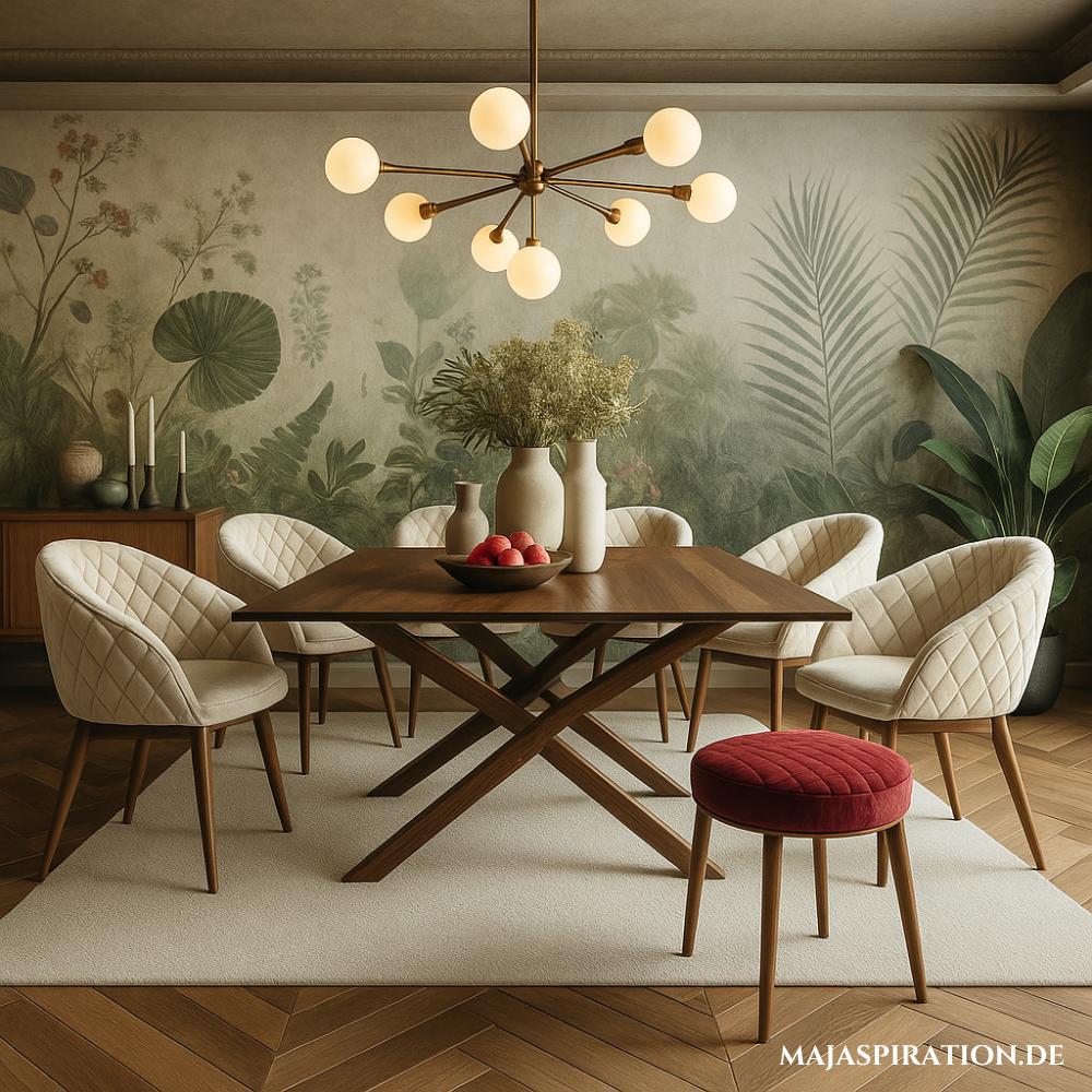 Moderne Esszimmer Einrichtungsidee mit Pflanzentapete und Sputnik-Leuchte