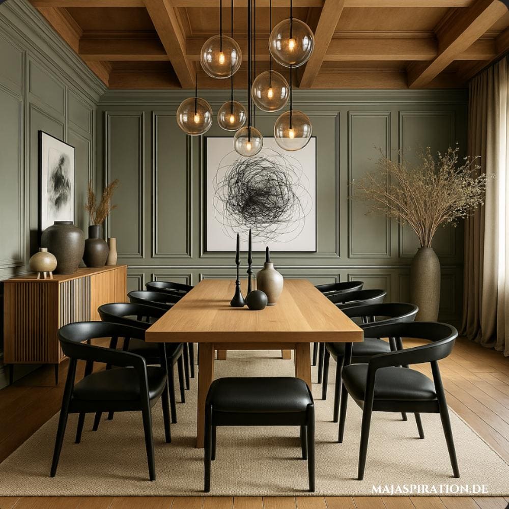 Moderne Esszimmer Einrichtungsidee mit schwarzen Stühlen und mintgrüner Wand