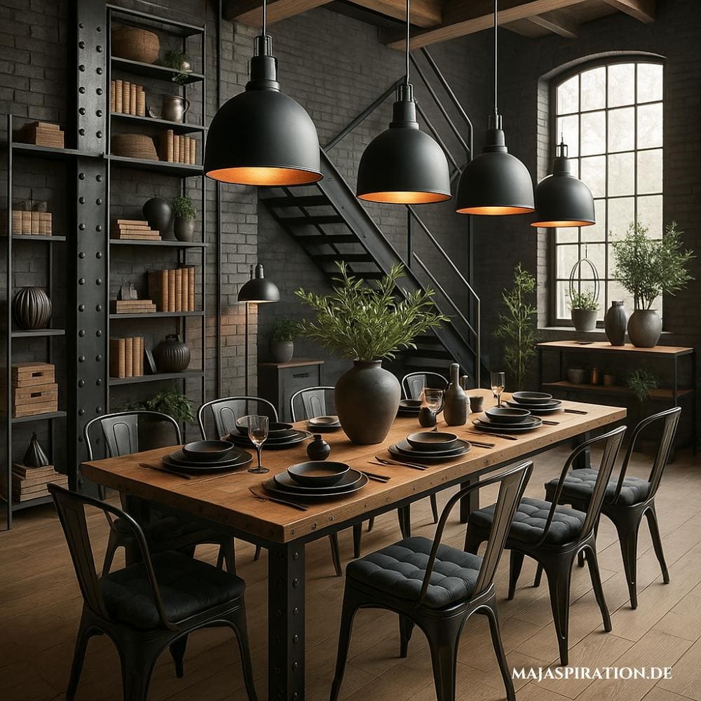 Esszimmer Einrichtung im industriellen Stil mit schwarzem Metalltisch und schwarzen Pendelleuchten in einer Loft Wohnung