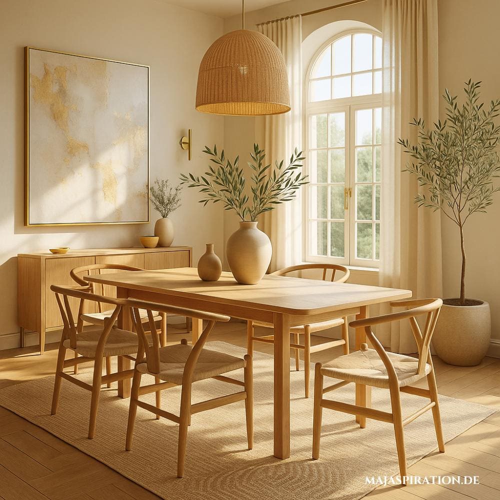 Mediterranes Esszimmer mit Holzmöbeln, Steinvase und Olivenbaum