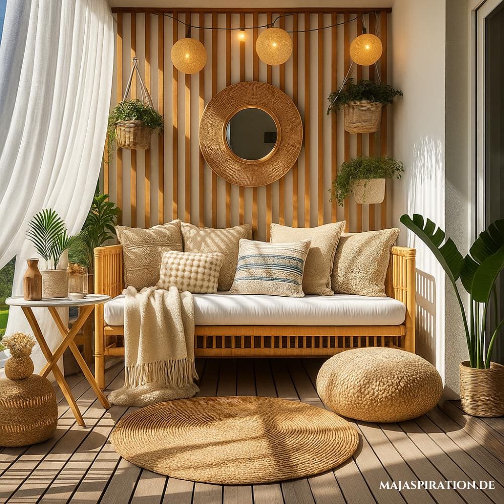 Kleine Balkon Idee mit Holzpaneel, Rattanbank und Jute Teppich