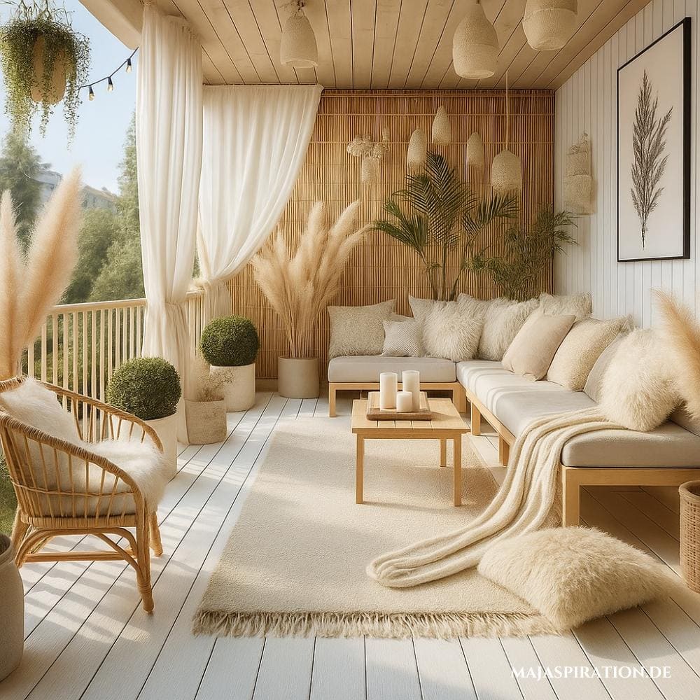 Gemütlicher Boho Balkon mit Holzdielen in Weiß und Rattanmöbeln