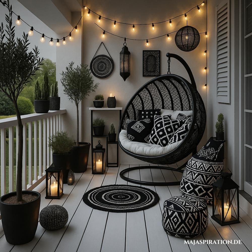 Moderner Balkon in Weiß mit schwarzen Möbeln und Lichtern