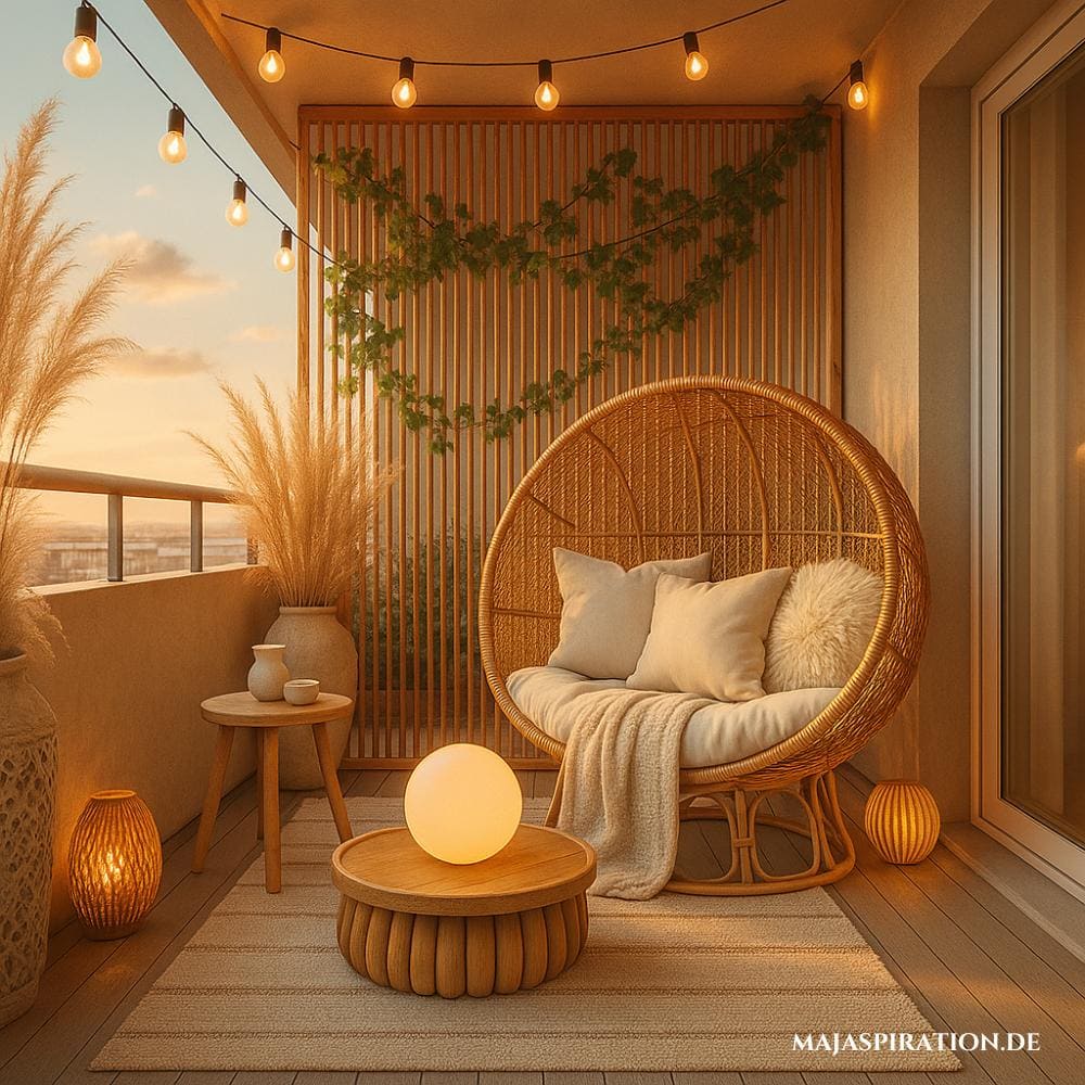 Kleine Balkon Idee mit Rattan Korbstuhl, Solarlampe und Lichterketten