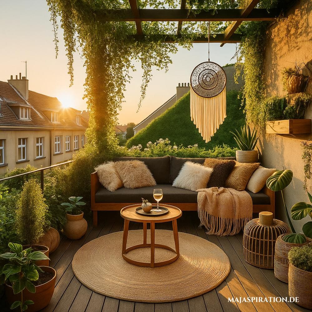 Gemütlicher Balkon mit Hängepflanzen, Boho Deko und Beistelltisch