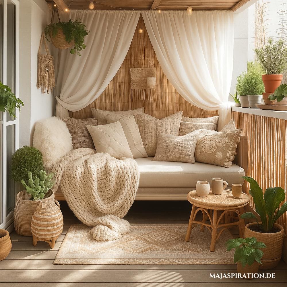 Kleine Balkon Idee mit Liegemöglichkeit und Vorhängen