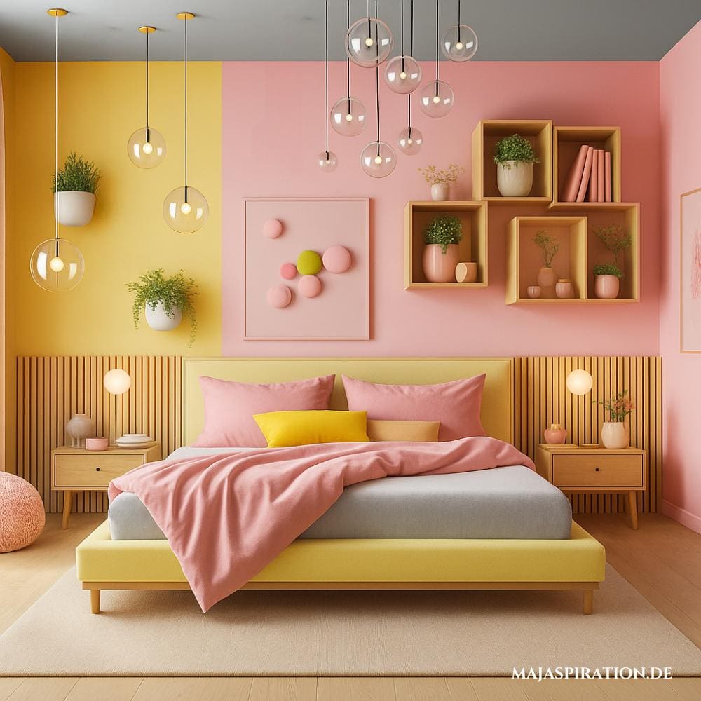 Bunte Schlafzimmer Idee in Rosa und Gelb.