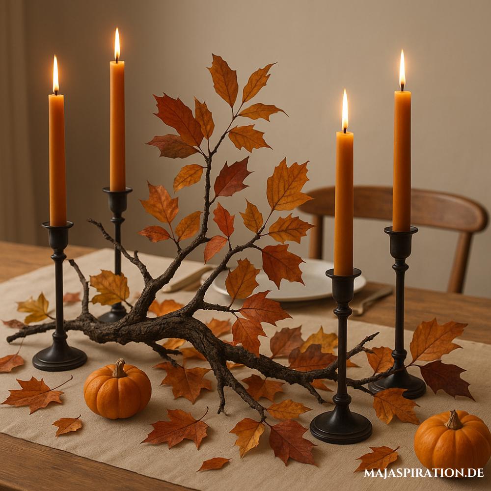 Herbstliche Deko Ideen mit schwarzem Ast und Stabkerzen