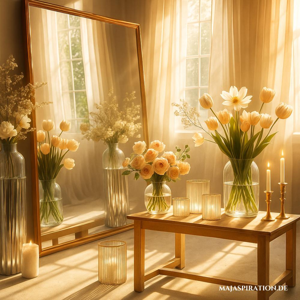 Frühlingsdekoration mit Tulpen und großem Spiegel