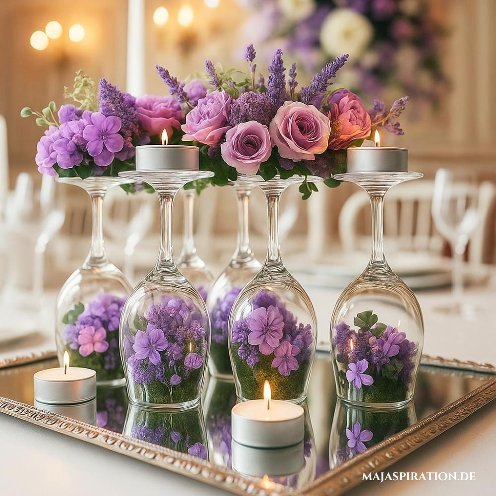 Florale Frühlingsdeko Idee mit Sektgläsern und Teelichtern