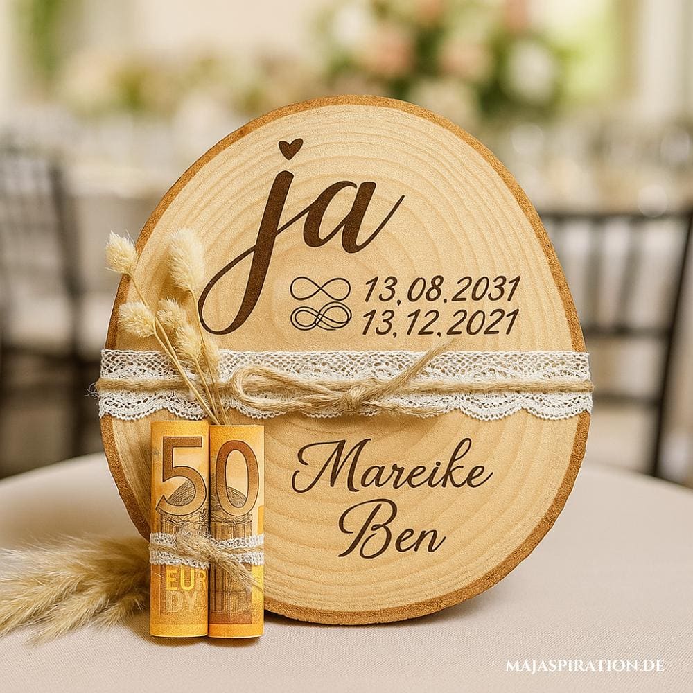 Geldgeschenk zur Hochzeit: ein rundes Holzbrett mit Monatskalender, Trockenblumen und Geldscheinen.