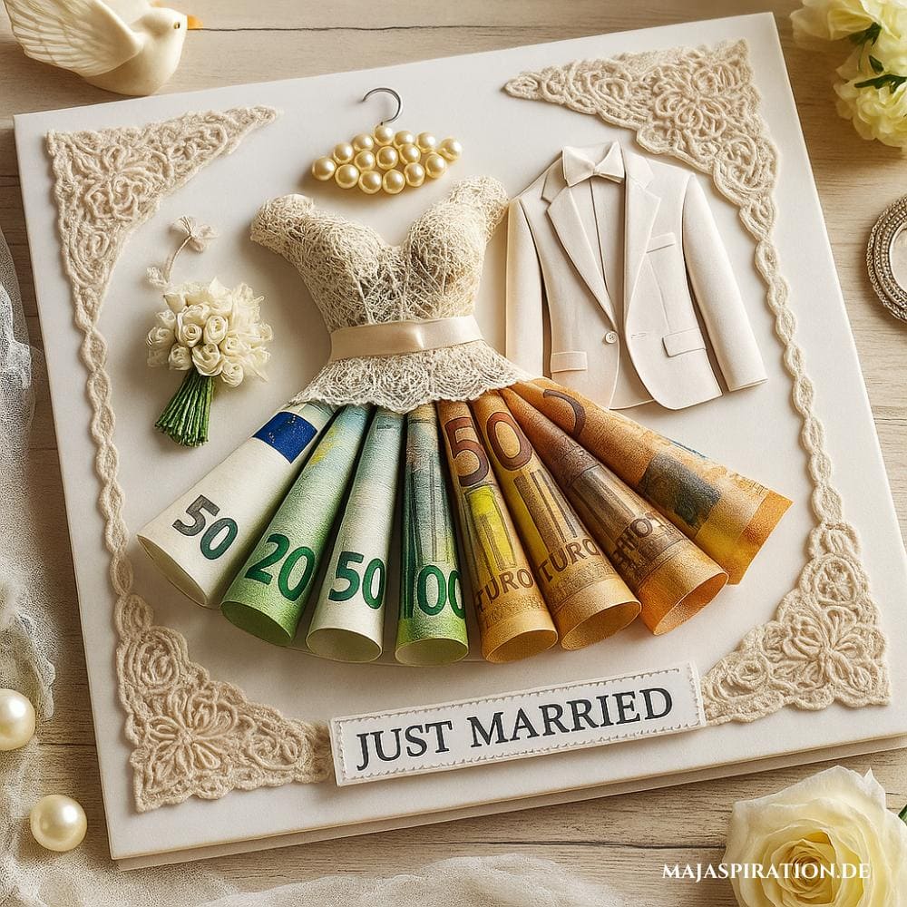 Geldgeschenkidee für die Hochzeit mit Karte auf der die Brautpaarkleidung als gefaltete Geldscheine aufgeklebt sind.