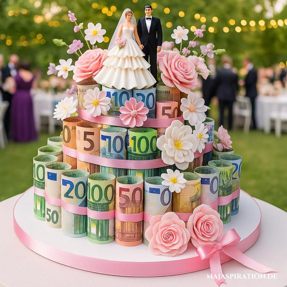 Torte aus Geldscheinen mit Blumen dekoriert und einer Brautpaar Figur ganz oben