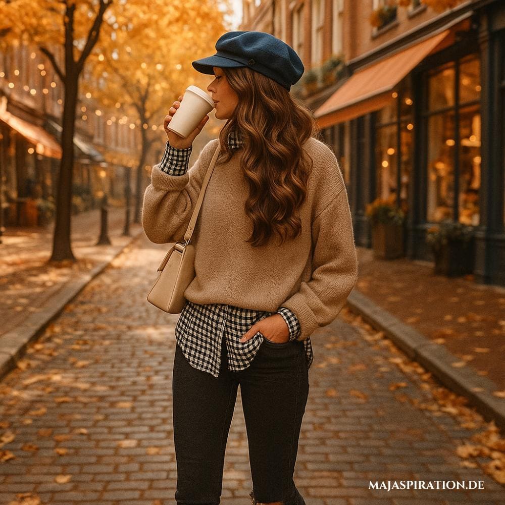 Frau mit Kaffee, die in einer herbstlichen Straße spazieren geht