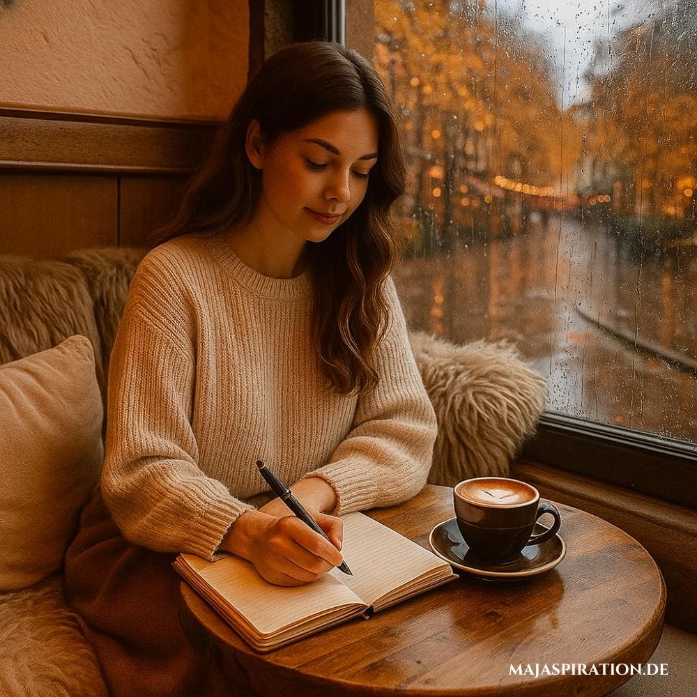 Frau in Café, die bei herbstlichem Wetter in ein Journal schreibt
