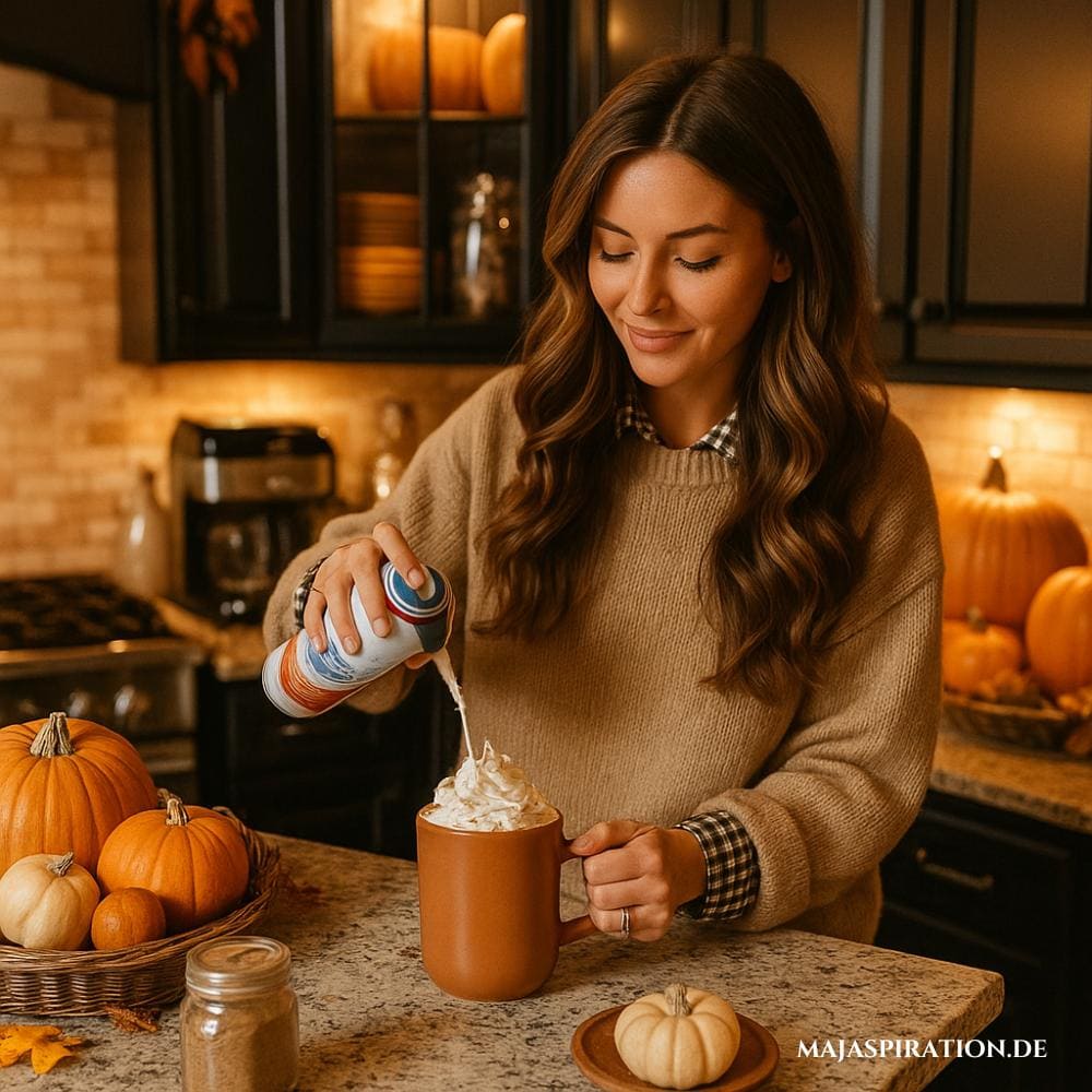 Frau, die in herbstlich dekorierter Küche einen Pumpkin Spice Latte zubereitet