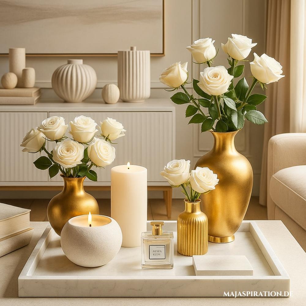 Weiße elegante Cochtisch Dekoration mit weißen Rosen ind Goldvasen auf weißem Marmortablett