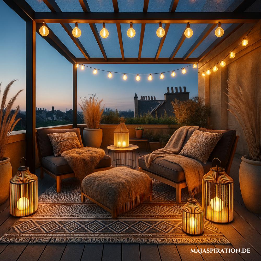 Balkon mit Lichtern und Holzdach