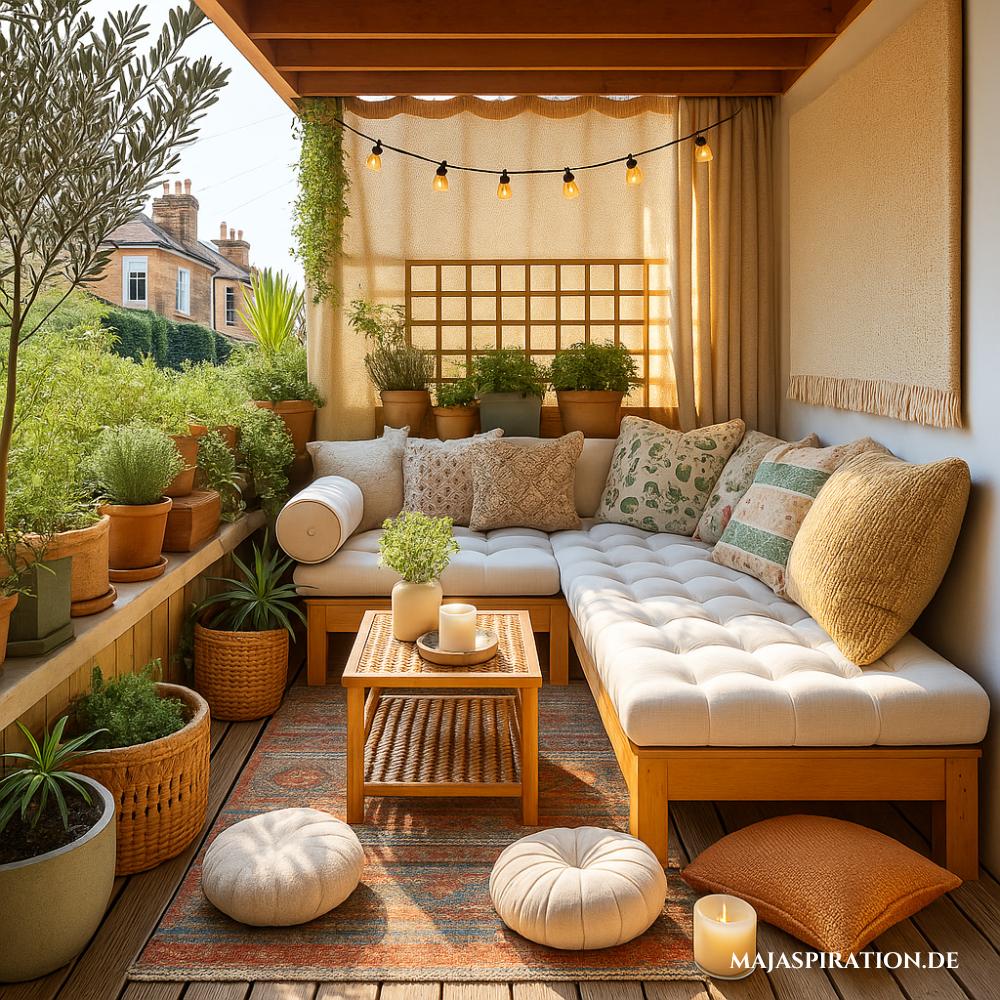 Kleine Balkon Idee mit L-förmiger Sitzbank