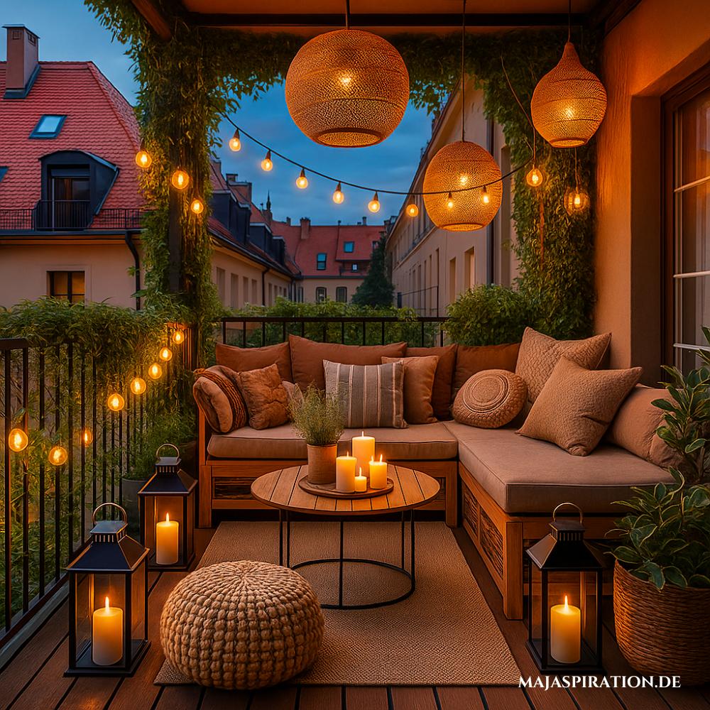 Balkon mit Pflanzen als Sichtschutz und Bambus Laternen