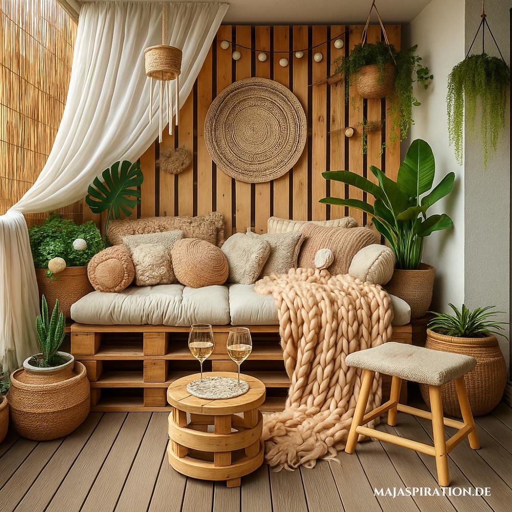 Kleiner Boho Balkon mit Paletten Bank