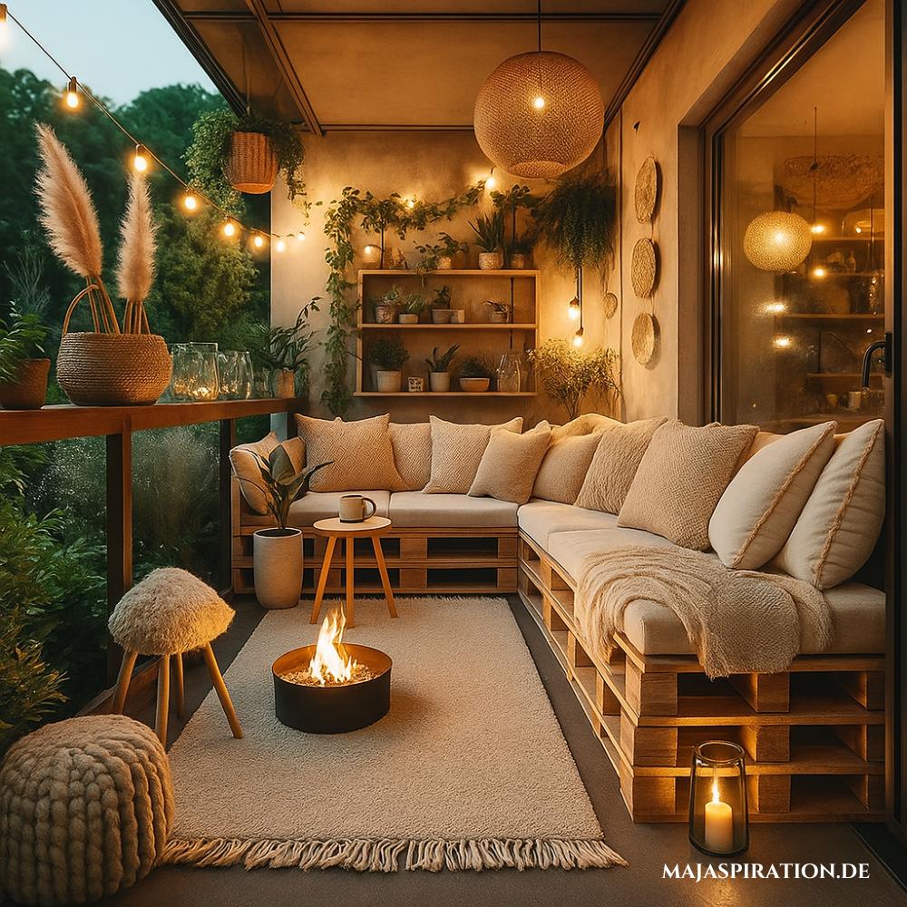 Balkon mit kleinem Outdoor-Feuer und Paletten Sitzbank
