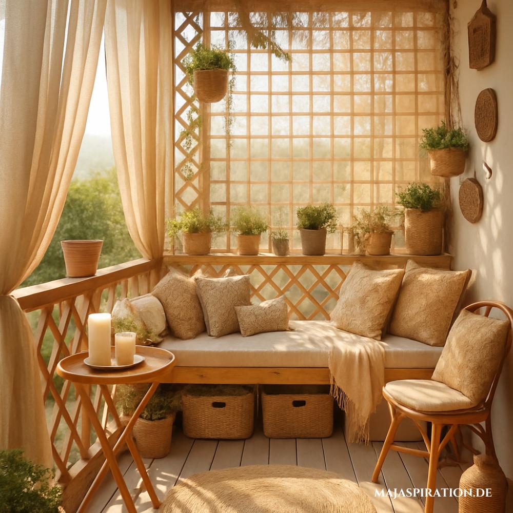 Kleine Balkon Idee mit Holzgitter und Vorhang als Sichtschutz