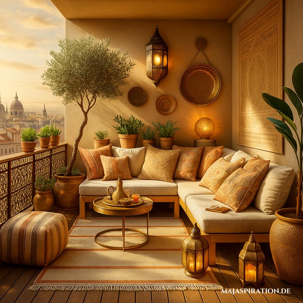 Balkon im orientalischen Stil mit Windlichtern und Sitzkissen