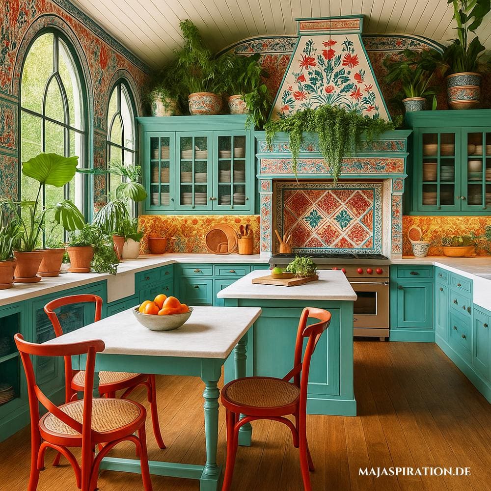Bunte Retro Küche mit Mosaik-Boden, türkisen Schränken und roten Holzstühlen