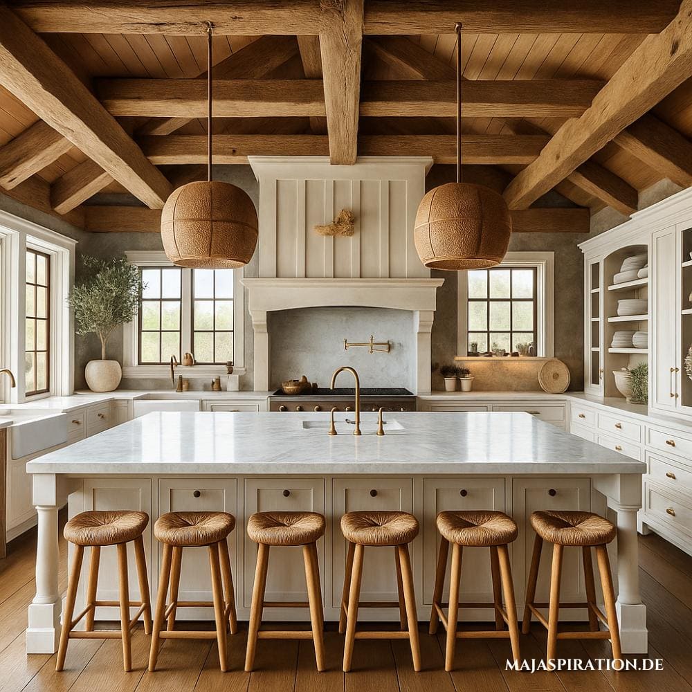 Küche im Landhausstil mit Marmor Arbeitsfläche, Holzstühle und Bambus Pendelleuchten