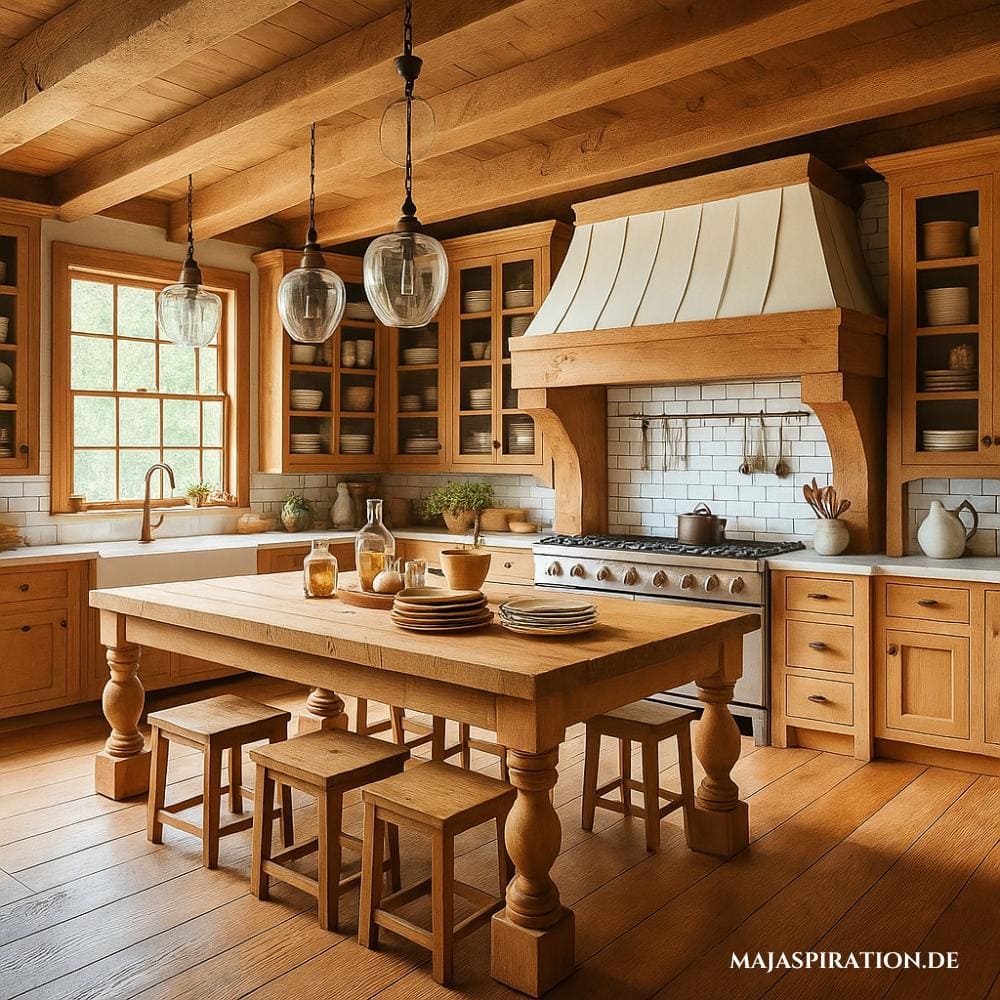 Küche im Landhausstil aus Holz mit massiven Holztisch