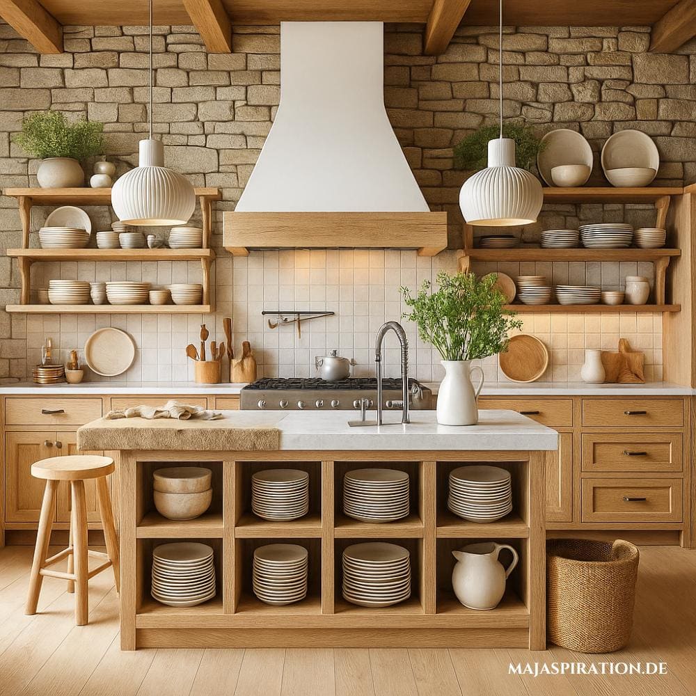Küche im Landhausstil mit Steinwand und Holz-Kochinsel