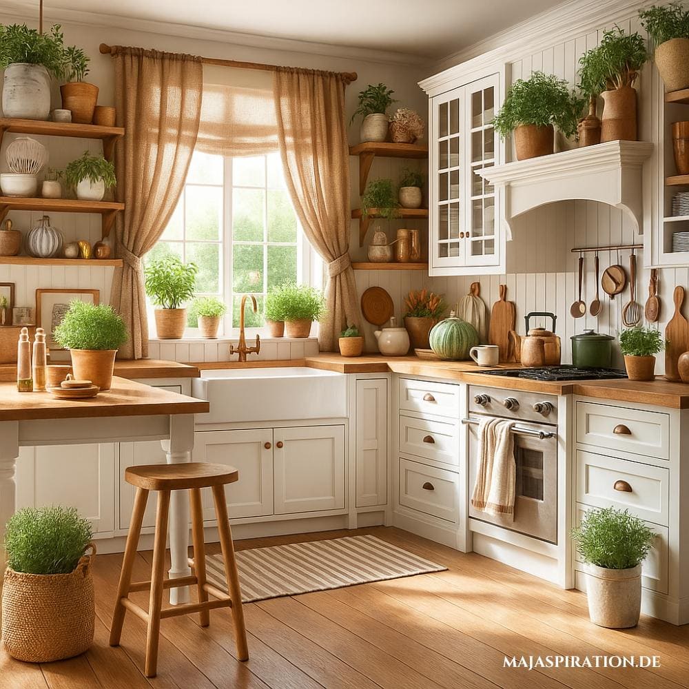 Küche im Landhausstil mit weißen Schränken, vielen Pflanzen und Holzregalen