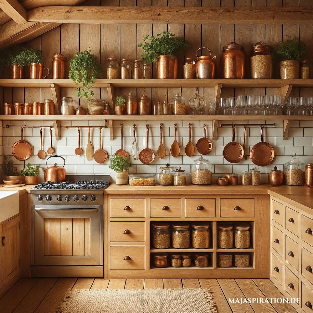 Küche im Landhausstil aus hellem Holz mit Messingpfannen und Messingdeko