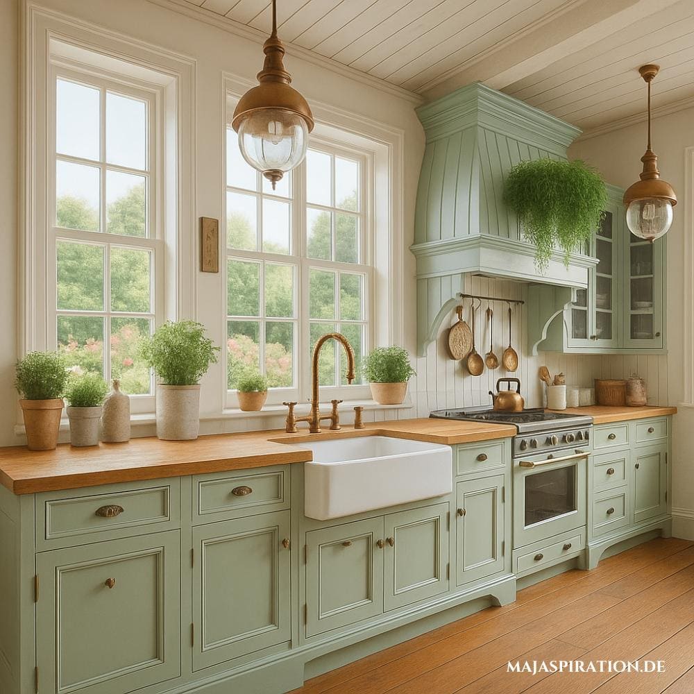 Küche im Landhausstil in Pastellgrün, Messing-Pendelleuchten und weißen Fenstern