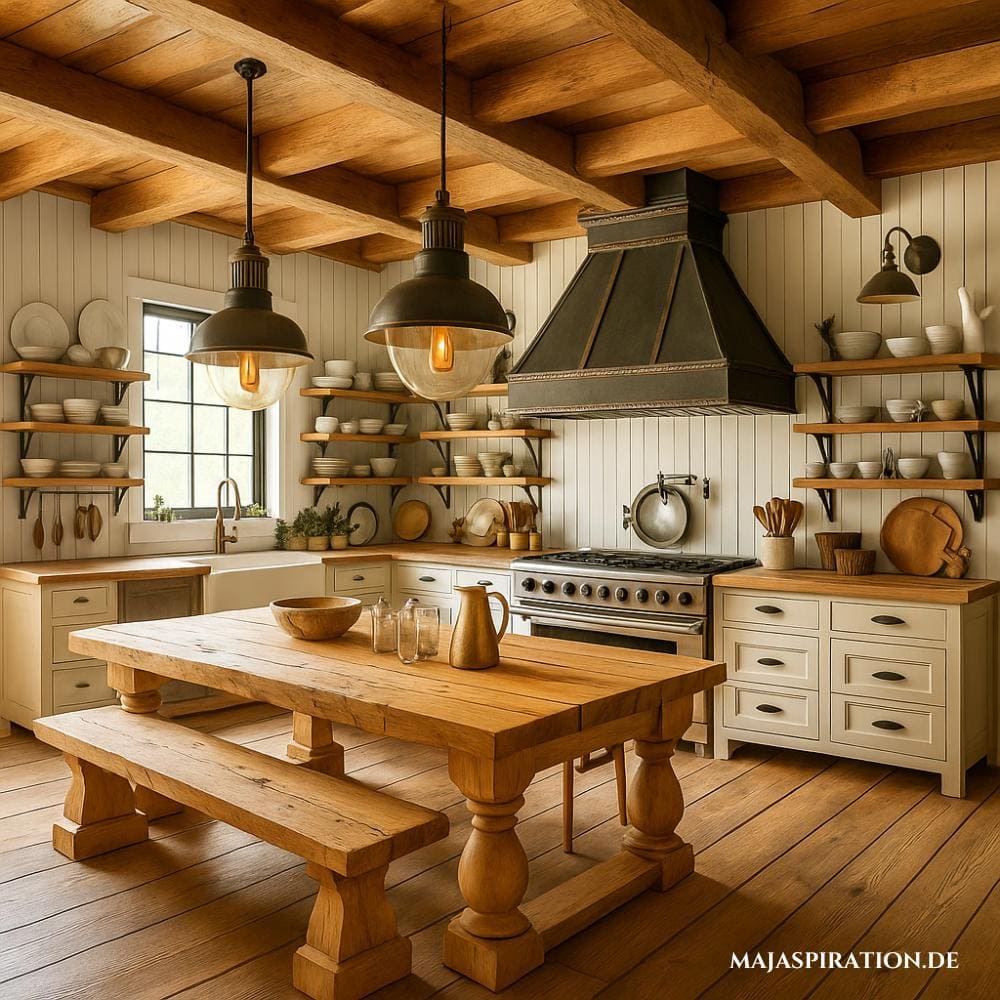 Küche im industriellen Landhausstil mit Wandleuchten aus Messing und industriellen Pendelleuchten