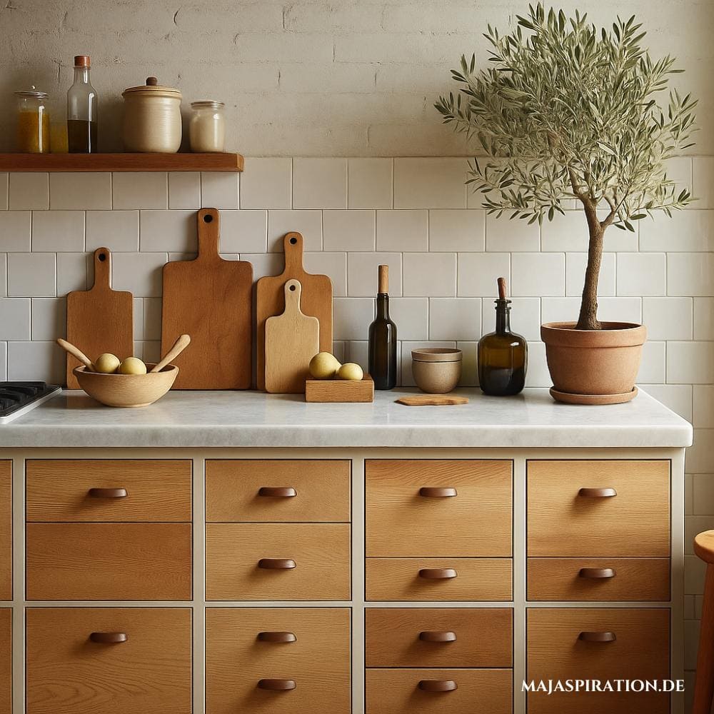 Landhausstil Küchenkommode aus Holz mit kleinem Olivenbaum, Holzbrettern und Wandfliesen