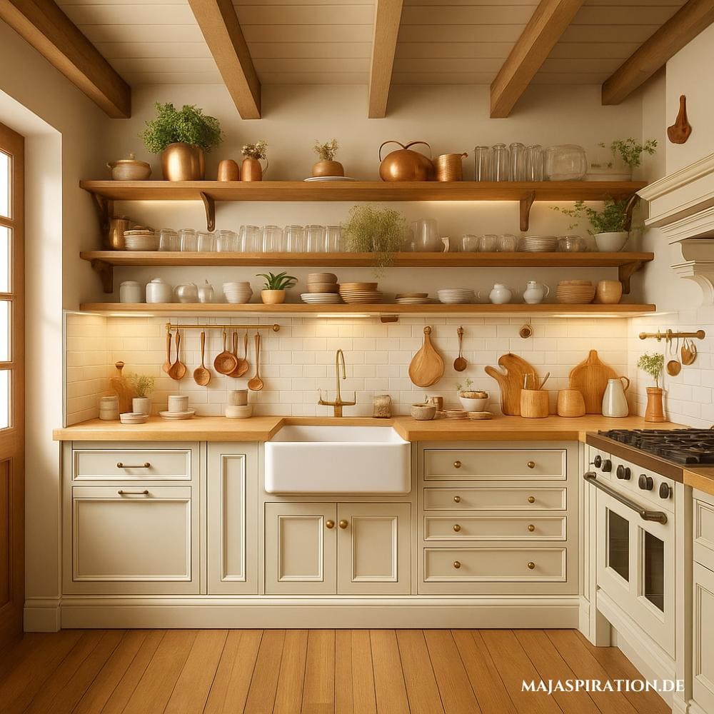 Küche im Landhausstil mit Holzregalen und Landhauswaschbecken