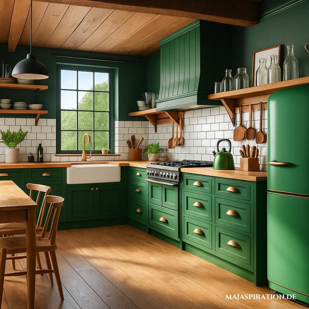 Küche im Landhausstil mit grünen Küchenschränken und grünem Kühlschrank und Holzregalen