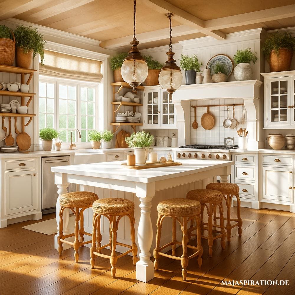 Französisiche Landhausküche mit weißem Holztisch und Holzhockern und Vintage Pendelleuchten